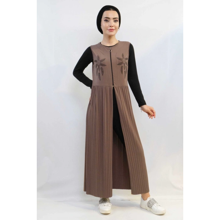 Moda Çizgi Taş işlemeli Piliseli Yelek Vizon MC727