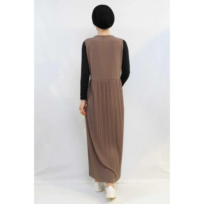 Moda Çizgi Taş işlemeli Piliseli Yelek Vizon MC727