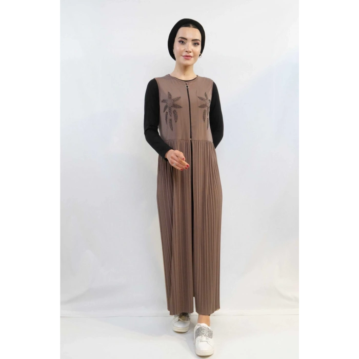 Moda Çizgi Taş işlemeli Piliseli Yelek Vizon MC727