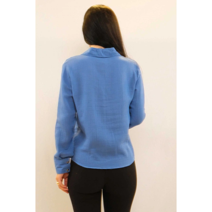 Moda Çizgi Taşlı  Keten Gömlek MC2301 İndigo
