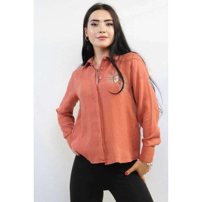 Moda Çizgi Taşlı  Keten Gömlek MC2301 Mercan