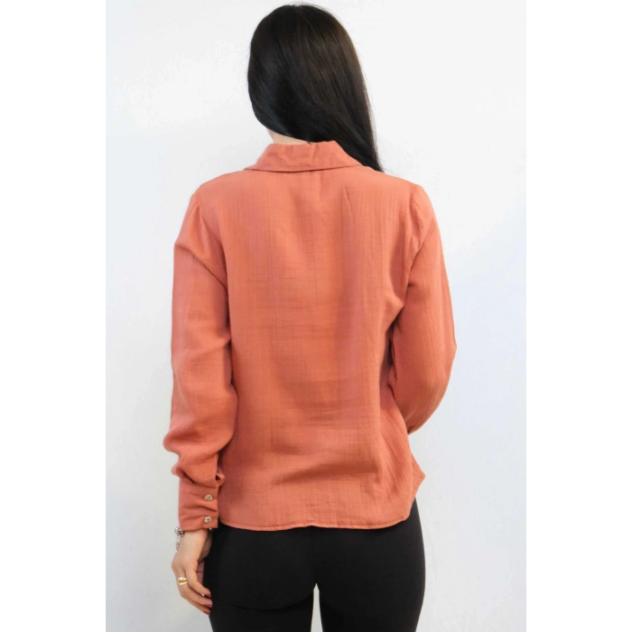 Moda Çizgi Taşlı  Keten Gömlek MC2301 Mercan