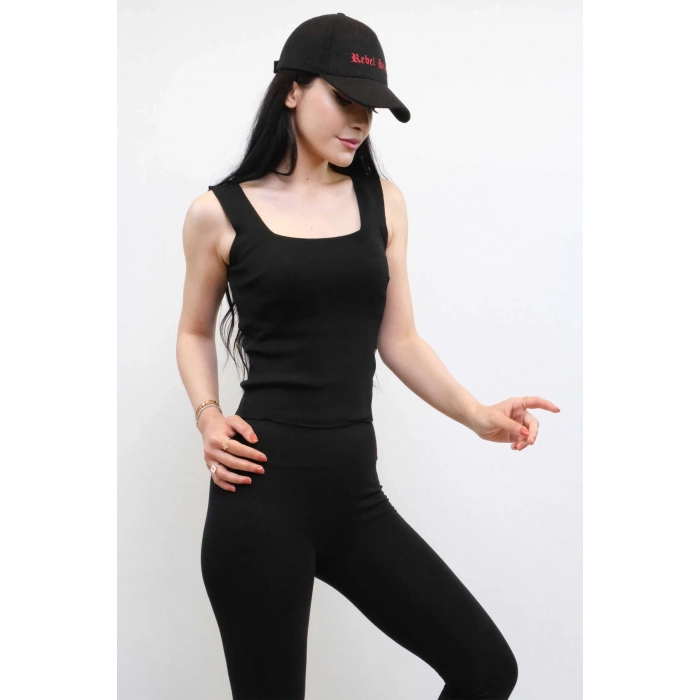 Moda Çizgi Triko Atlet Siyah