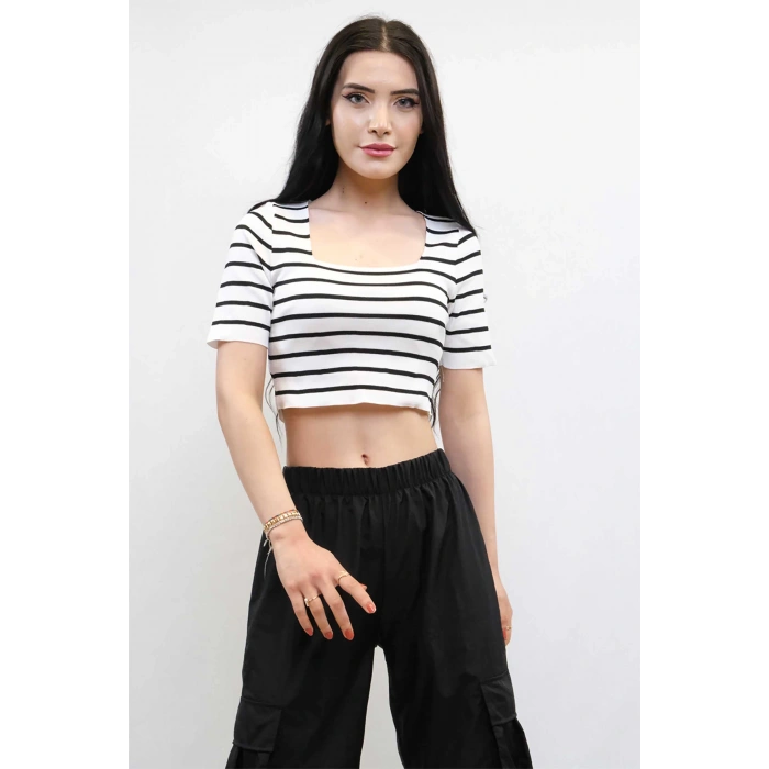 Moda Çizgi Triko Crop Çizgili  Beyaz