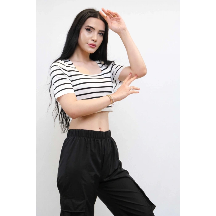 Moda Çizgi Triko Crop Çizgili  Beyaz