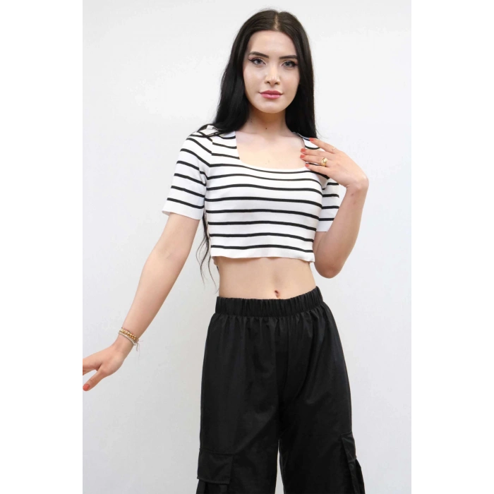 Moda Çizgi Triko Crop Çizgili  Beyaz