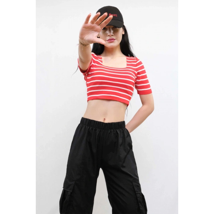 Moda Çizgi Triko Crop Çizgili Kırmızı