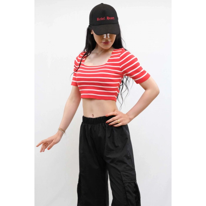 Moda Çizgi Triko Crop Çizgili Kırmızı