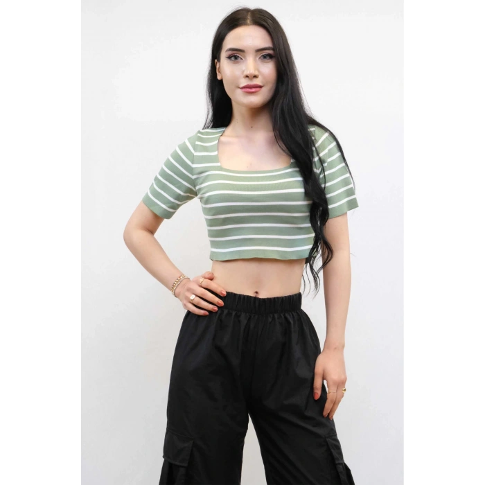 Moda Çizgi Triko Crop Çizgili Mint