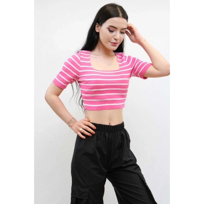 Moda Çizgi Triko Crop Çizgili Pembe