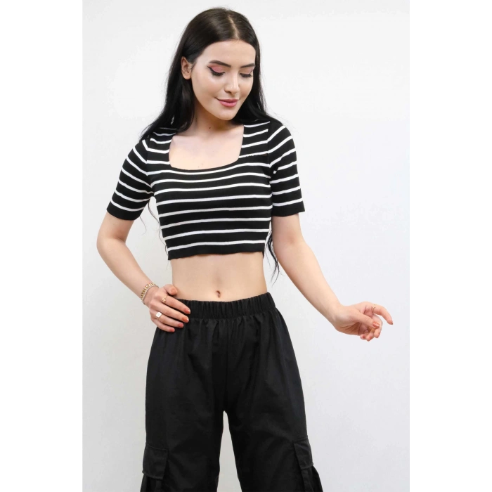 Moda Çizgi Triko Crop Çizgili Siyah