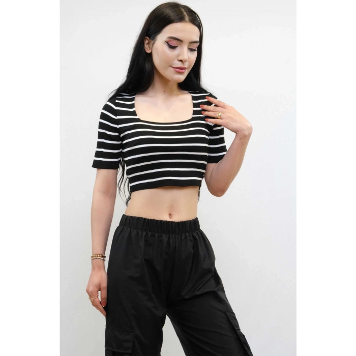 Moda Çizgi Triko Crop Çizgili Siyah