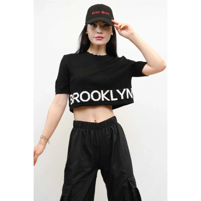 Moda Çizgi Triko Crop Siyah