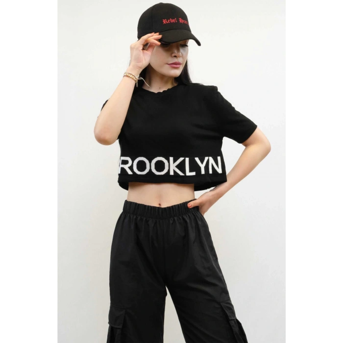 Moda Çizgi Triko Crop Siyah