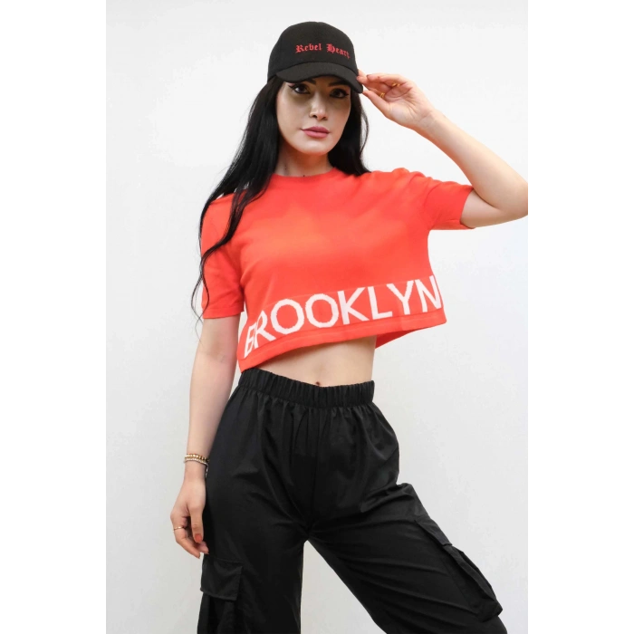 Moda Çizgi Triko Crop Turuncu