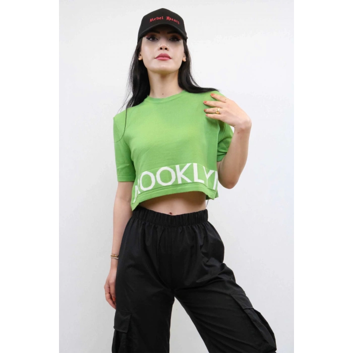 Moda Çizgi Triko Crop Yeşil