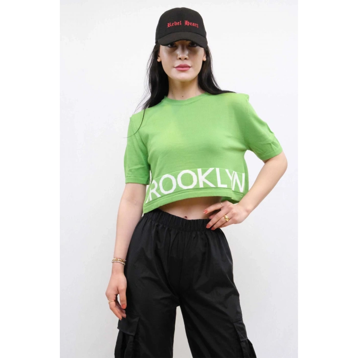 Moda Çizgi Triko Crop Yeşil