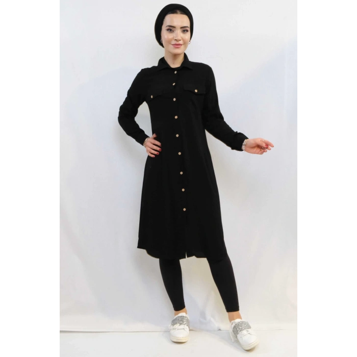 Moda Çizgi Tunik Gömlek Siyah