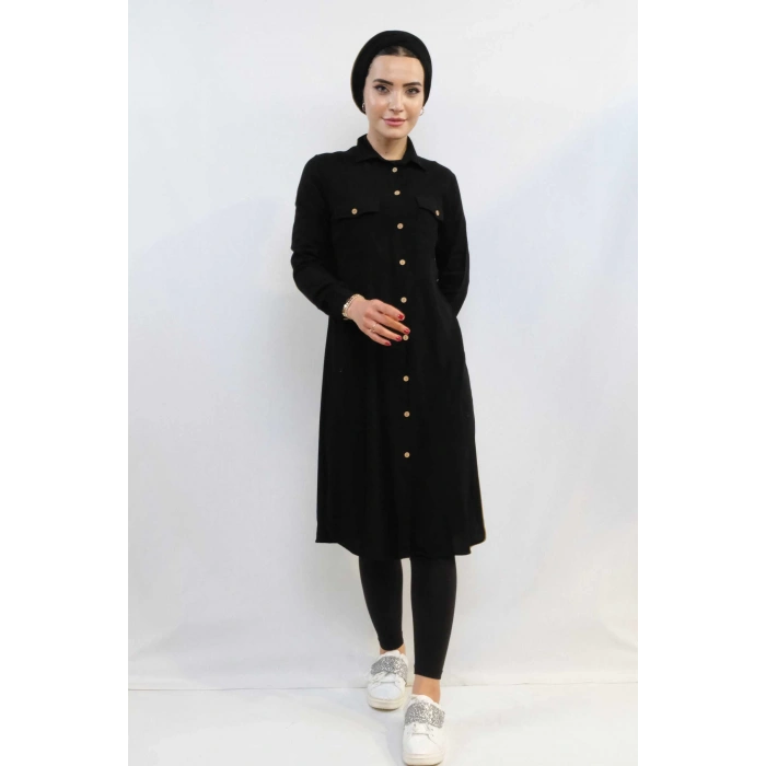 Moda Çizgi Tunik Gömlek Siyah