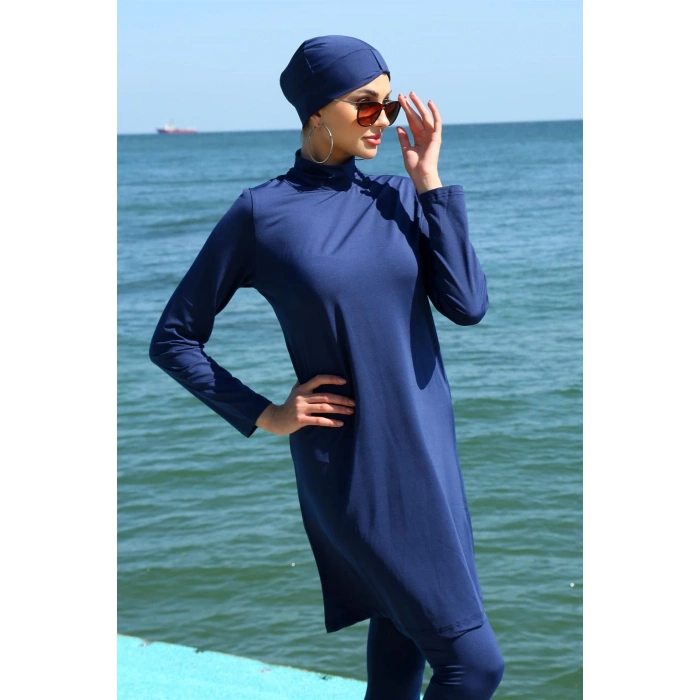 Moda Çizgi Uzun Kol Likralı Lacivert Tesettür Mayo 31055