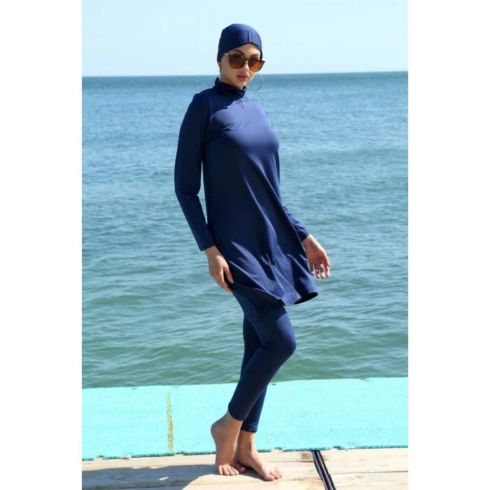 Moda Çizgi Uzun Kol Likralı Lacivert Tesettür Mayo 31055