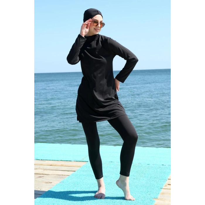 Moda Çizgi Uzun Kol Likralı Siyah Tesettür Mayo 31055