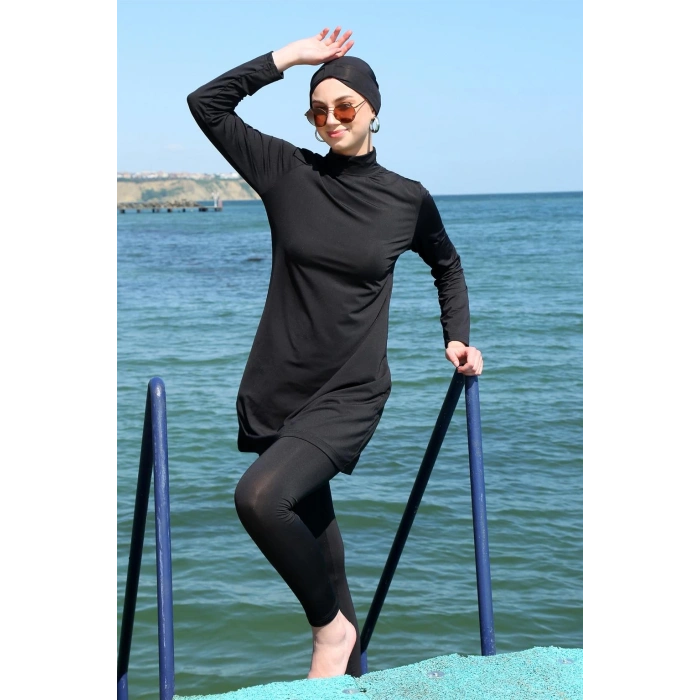 Moda Çizgi Uzun Kol Likralı Siyah Tesettür Mayo 31055