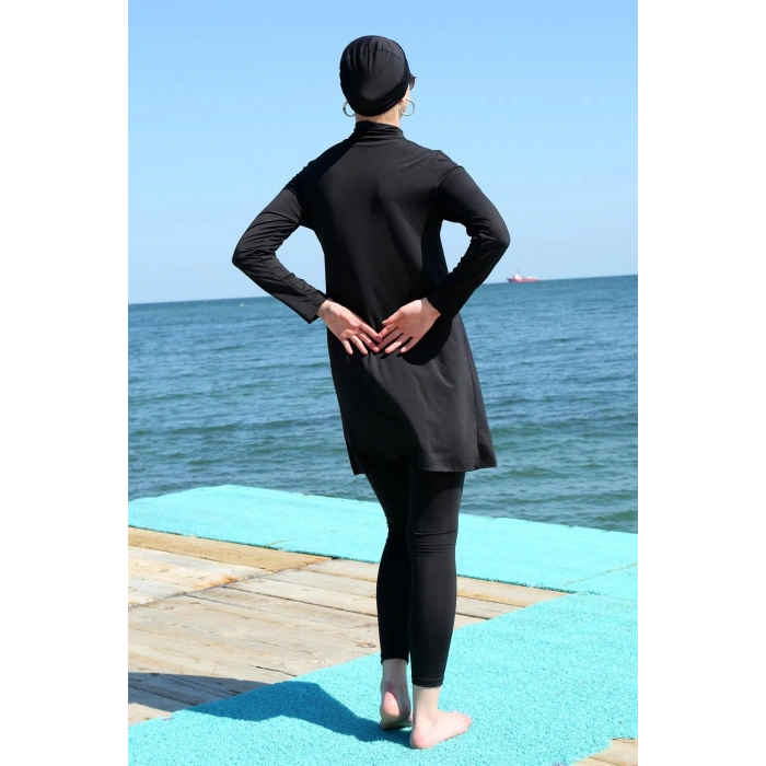 Moda Çizgi Uzun Kol Likralı Siyah Tesettür Mayo 31055