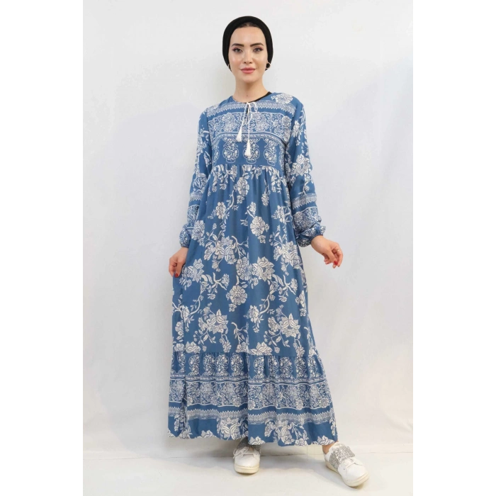 Moda Çizgi Vintage Desen Elbise Mavi