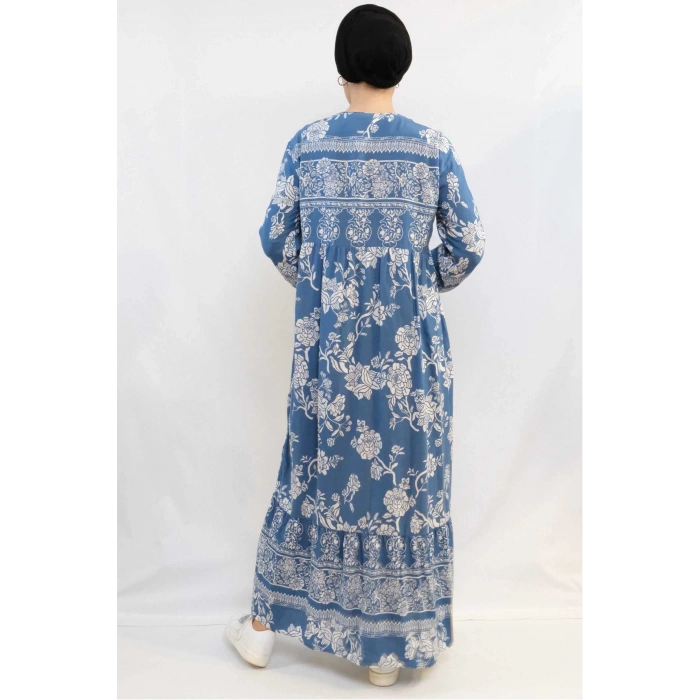 Moda Çizgi Vintage Desen Elbise Mavi