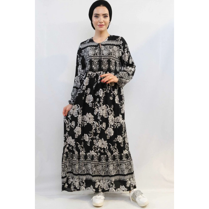Moda Çizgi Vintage Desen Elbise Siyah