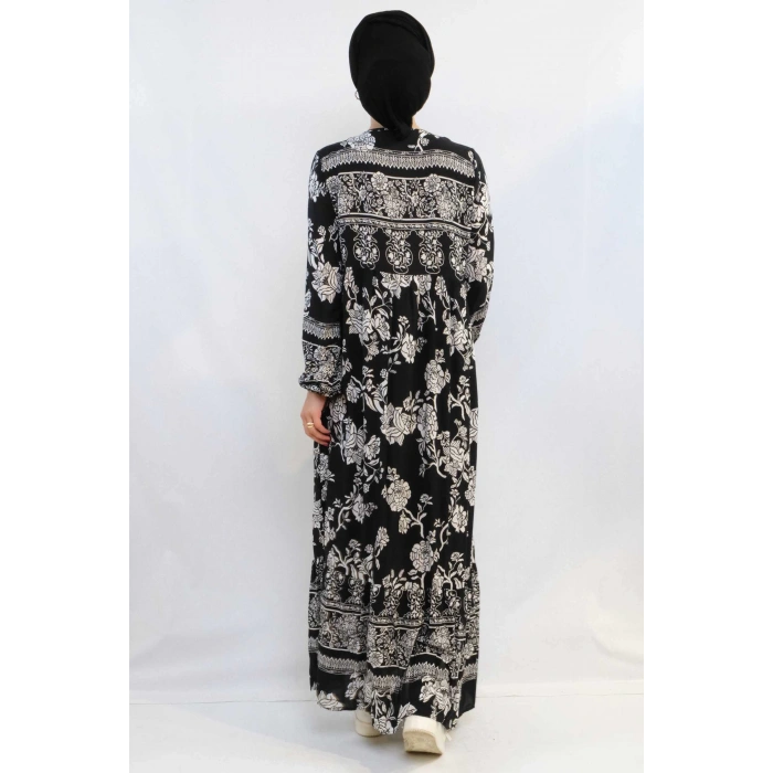 Moda Çizgi Vintage Desen Elbise Siyah