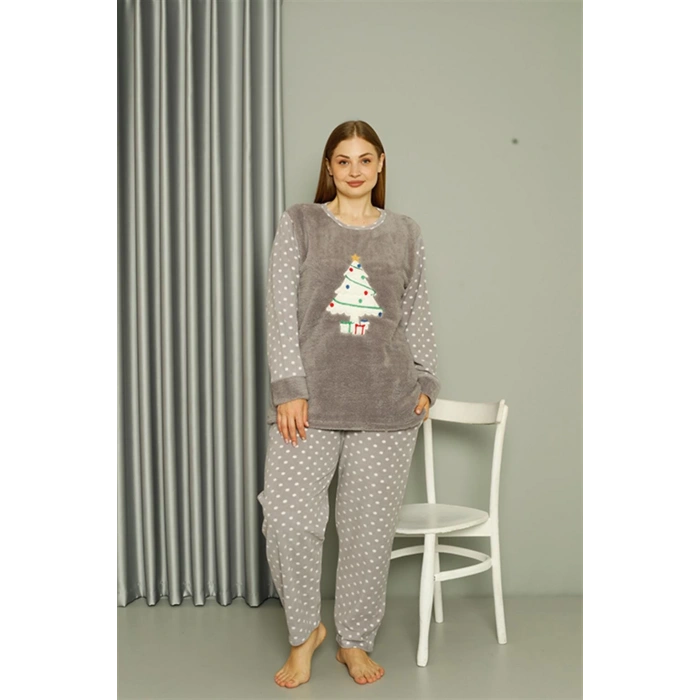 Moda Çizgi Welsoft Polar Kadın Büyük Beden Gri Pijama Takımı 808048