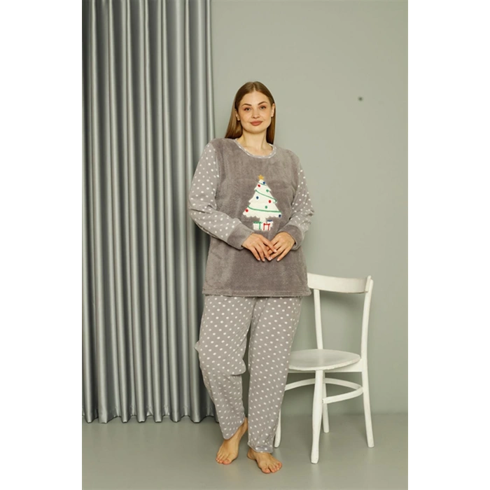 Moda Çizgi Welsoft Polar Kadın Büyük Beden Gri Pijama Takımı 808048