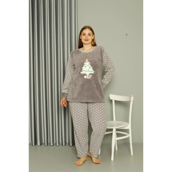 Moda Çizgi Welsoft Polar Kadın Büyük Beden Gri Pijama Takımı 808048