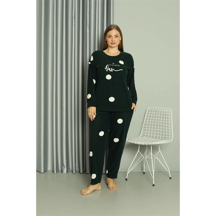 Moda Çizgi Welsoft Polar Kadın Büyük Beden Petrol Rengi Pijama Takımı 808045