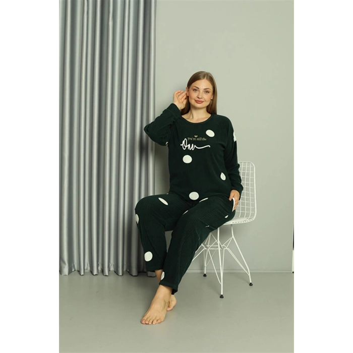 Moda Çizgi Welsoft Polar Kadın Büyük Beden Petrol Rengi Pijama Takımı 808045