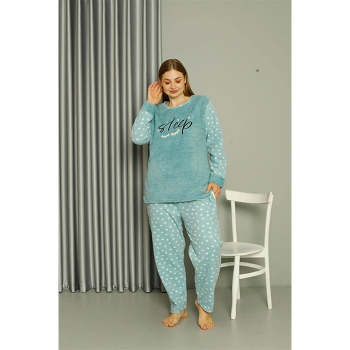 Moda Çizgi Welsoft Polar Kadın Büyük Beden Su Yeşili Pijama Takımı 808046