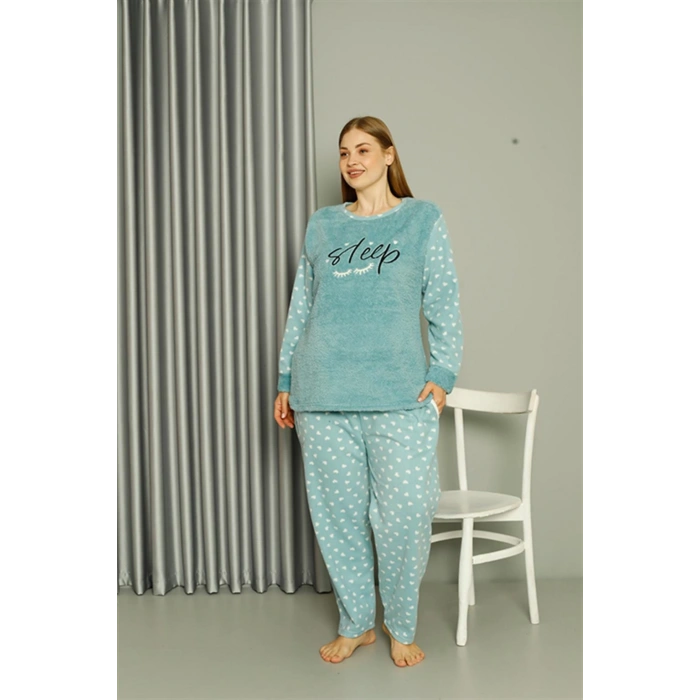 Moda Çizgi Welsoft Polar Kadın Büyük Beden Su Yeşili Pijama Takımı 808046
