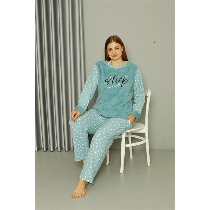 Moda Çizgi Welsoft Polar Kadın Büyük Beden Su Yeşili Pijama Takımı 808046