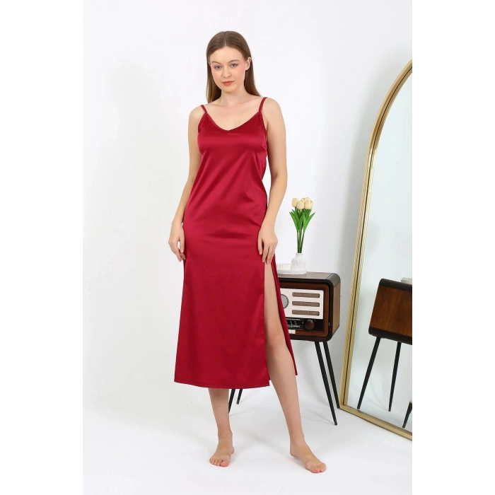 Moda Çizgi Yırtmaçlı Uzun Saten Gecelik Bordo 7410