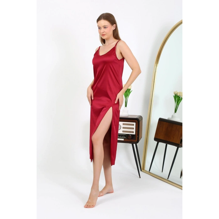 Moda Çizgi Yırtmaçlı Uzun Saten Gecelik Bordo 7410