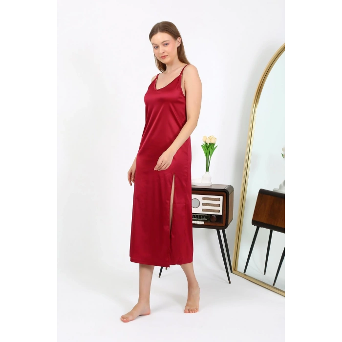 Moda Çizgi Yırtmaçlı Uzun Saten Gecelik Bordo 7410