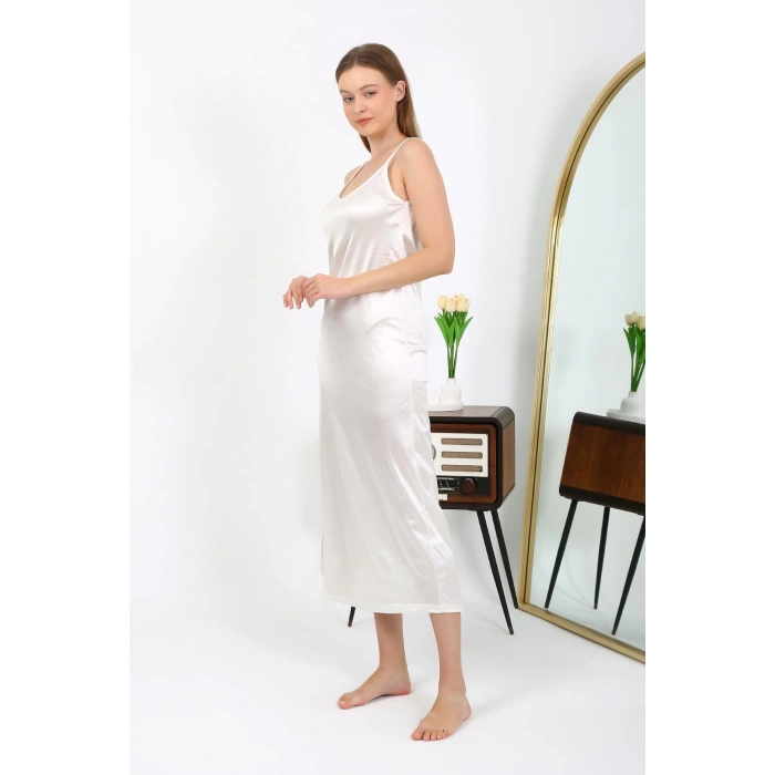 Moda Çizgi Yırtmaçlı Uzun Saten Gecelik Ekru 7410