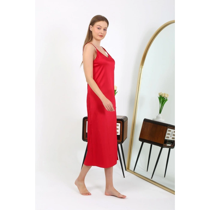 Moda Çizgi Yırtmaçlı Uzun Saten Gecelik Kırmızı 7410