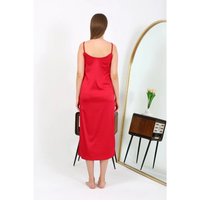 Moda Çizgi Yırtmaçlı Uzun Saten Gecelik Kırmızı 7410