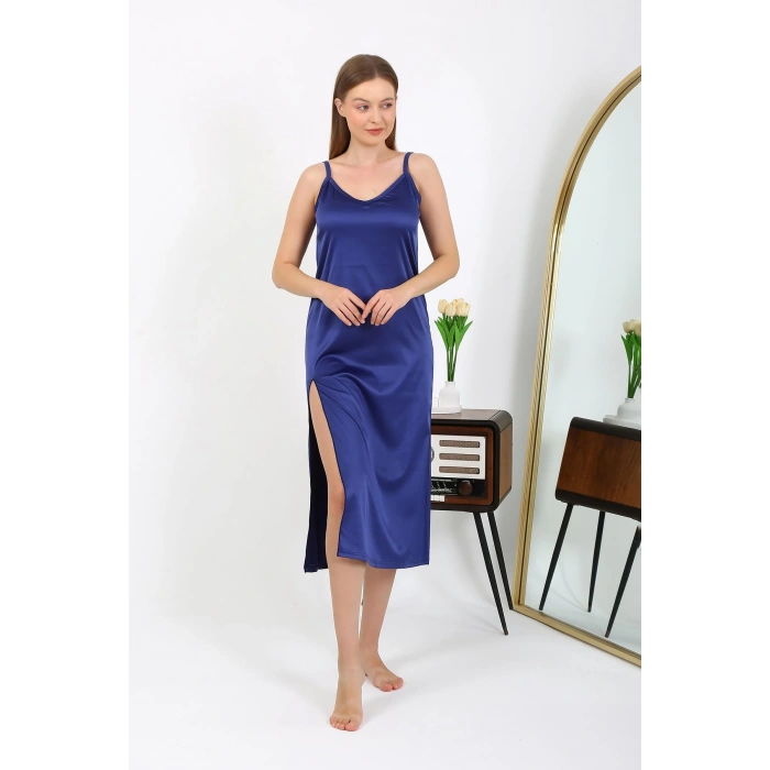 Moda Çizgi Yırtmaçlı Uzun Saten Gecelik Lacivert 7410