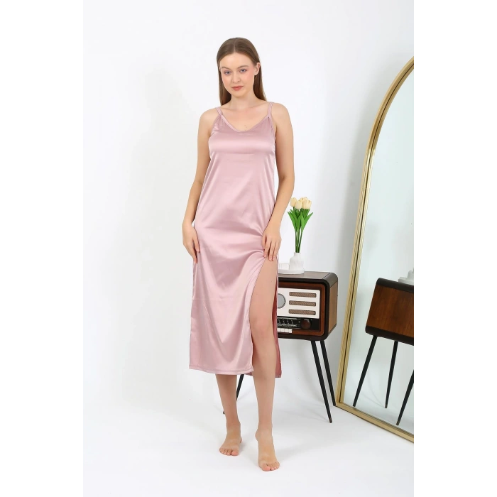 Moda Çizgi Yırtmaçlı Uzun Saten Gecelik Pudra 7410