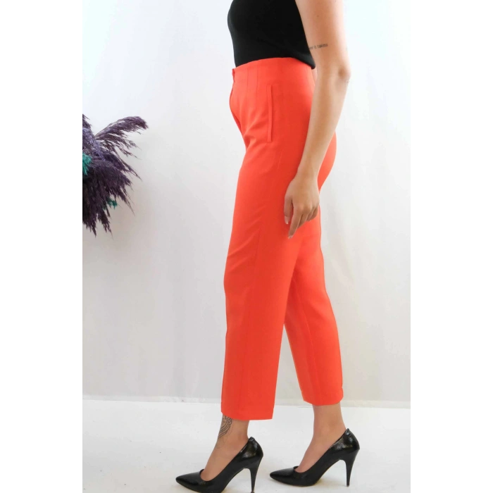 Moda Çizgi Yüksek Bel Pantolon Nar Çiçeği