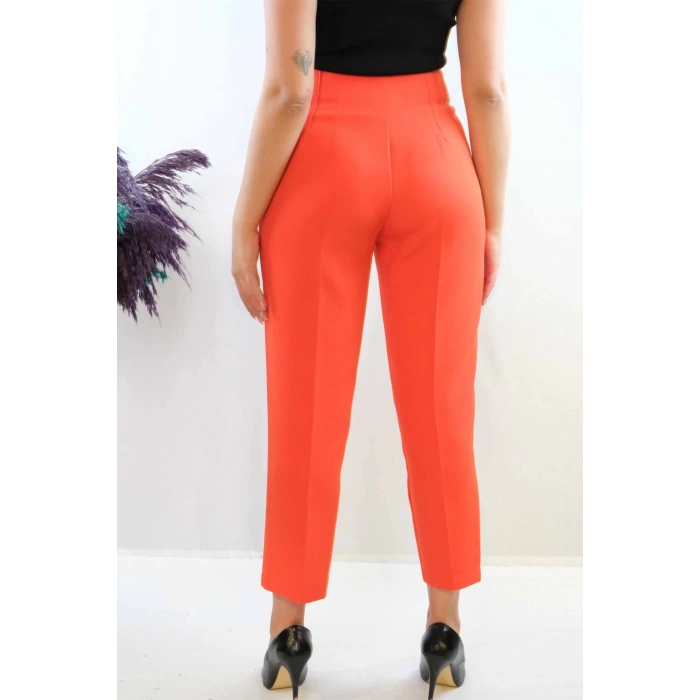 Moda Çizgi Yüksek Bel Pantolon Nar Çiçeği